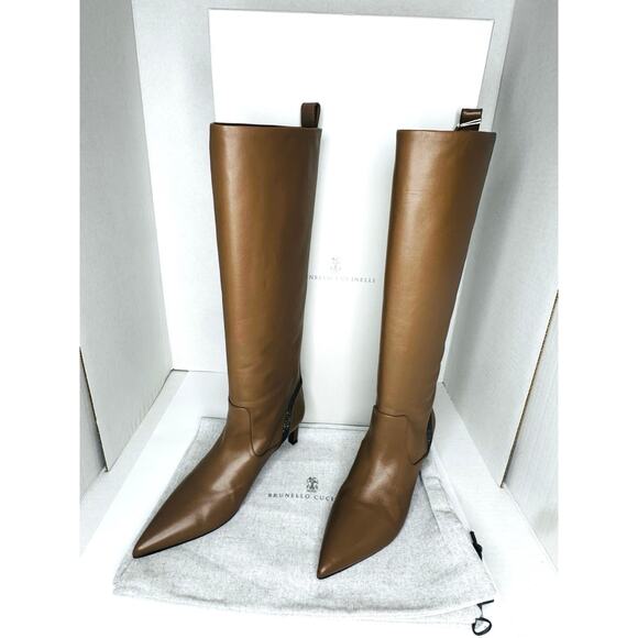 BRUNELLO CUCINELLI Ball Chain Knee-High Tan Leather Boots Women’s Size 40 IT - Picture 1 of 12
